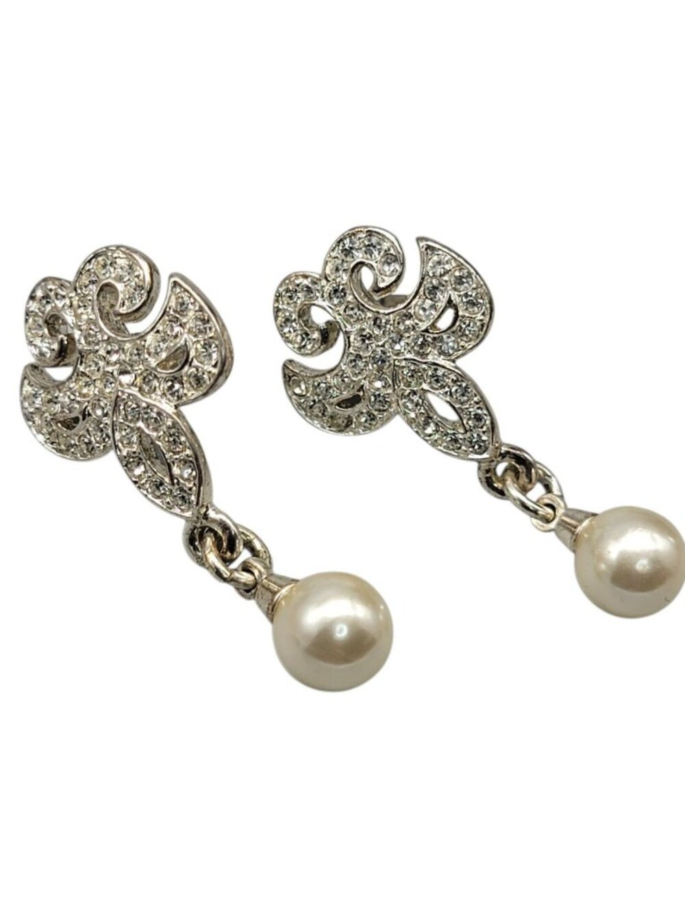 Vintage Napier Fleur-de-lis Rhinestone Pave Post Earrings Dangling Faux Pearl - Picture 12 of 12